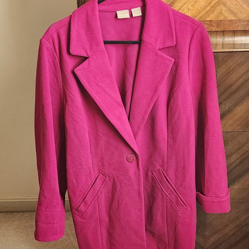 Chico's hot pink fuchsia coat jacket one button size 12/14 Hillcrest 32" long